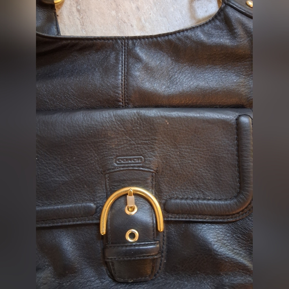 Coach Campbell F24686 Black Leather Hobo Shoulder Bag Purse Brass Buckle Handbag - Picture 2 of 5